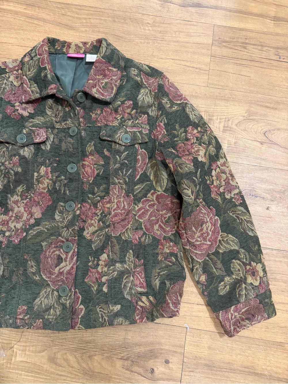 Floral Button-Front Jacket - Green & Rose - Picture 3 of 7